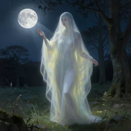 hyper detailed character portrait of a ghostly figure standing in the forest plains of north yorkshire, a clear night, sky full of stars, moon in the sky, moonlight, moonlight god rays, sharp focus, illustration, concept art, alphonse mucha