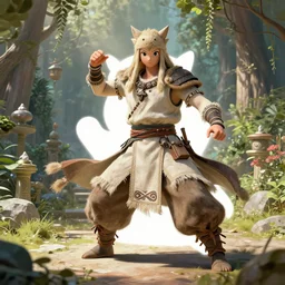 kawaii, dynamic brush strokes, linear gamma, dynamic pose, natural light, costume design made nordic tribes, sophisticated composition, old masters light composition, procedurally generated, epic human character posing conceptart, beautiful ancient garden behind, substancedesigner, pbr, ultra detailed, hyperrealistic, megascans, volumetric light, concept master artist, painttoolsai