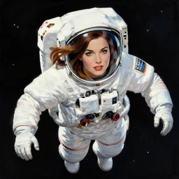 a curvy woman with straight brown hair, floating in space. she is an astronaut, wearing a space suit. well composed, clean elegant painting, beautiful detailed face. comic book art by steve ditko and jack kirby and ( alphonse mucha )