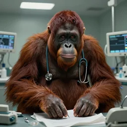 an epic illustration of an orangutan as a doctor in a hospital er room, in the style of algernon blackwood, highly detailed digital art, ornately detailed, muted color, photorealistic