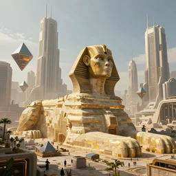 a scene of the beautiful intricate epic futuristic city with a cyber sphinx, small hovering cyber pyramids, hyper detailed, cinematic lighting