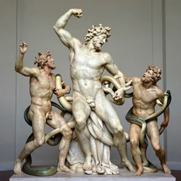 long line-up of laocoon and his sons struggling with serpents, intertwined full body view, colorized postcard photography, white background