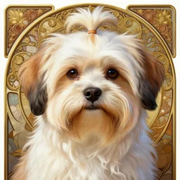 beautiful detailed picture of a havanese with white and brown hair, radiant light, art nouveau, intricate, elegant, highly detailed, my rendition, digital painting, artstation, concept art, smooth, sharp focus, illustration, art by artgerm and greg rutkowski and alphonse mucha