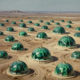 hyper detailed painting of green emerald domes, sprawling across majestic parched plains, by francisco goya and rembrandt, unsettling, mysterious, by stephan martiniere and alexander fedosav, hyperrealism, 8 k resolution, behance hd, artstation, nightcafe