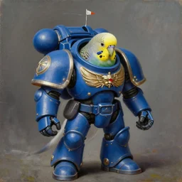 a portrait of aBudgie Parakee as a Space Marine from the Warhammer 40k, ultramarine space marine Budgerigar, blue armor, glorious, masterpiece painting portrait of a Budgie Parakeet as a Warhammer 40k Space Marine by Rembrandt, Budgie Parakee as a Space Marine from Warhammer 40k
