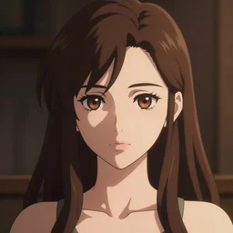 nendoroid of a white girl with a long brown sidecut, brown eyes and thick eyebrows