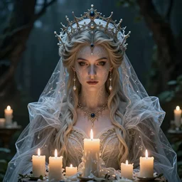 epic ultra detailed realistic portrait of beautiful queen made ofcandles and translucent fabric. in the garden. dark souls concept art. magic, concept art, incredible face. intricate, elegant. by basil gogos. art by wlop and artgerm and greg rutkowski and andrei riabovitchev. medieval background my james jeand