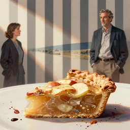 slice of apple pie in the foreground, vertical pinstripes, ryoji ikeda, covered in splashes of paint, vincent di fate, sandra chevrier, a thick slice of apple pie, chesley bonestell, vincent di fate