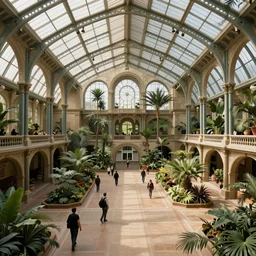 interior view of giant botanical museum, in the style of 19th century architecture, fantastical digital art trending in artstation