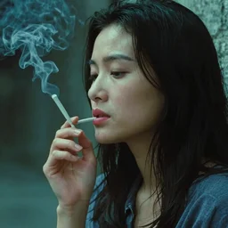 screenshot of a girl smoking, in a movie of Wong Kar Wai, blue and green, beautiful, very beautiful, full of details, 4K