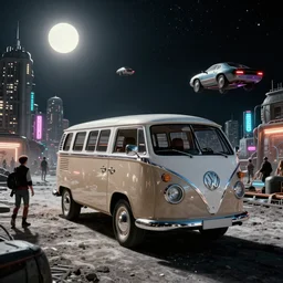 Futuristic VW W16 in a Russian cyberpunk slum city called Neo Norilsk on the Moon, at night, diverse, lively, black sky full of stars, blinding sun, sci-fi, lots of flying cars, levitation, cyberpunk outfits, photorealistic, grainy, 35mm, intricate, very very beautiful, elegant, smooth, cinematic, Unreal Engine 5, by Beeple, trending on Artstation HD