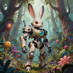 mecha rabbit in wonderland, highly detailed, concept art, scifi, bizarre, abstract, colorful, forest, sharp focus, trending on artstation, intricate, atmosphere, art by roman makarenko, dzung phung dinh