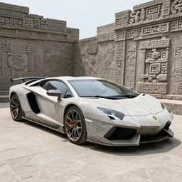lamborgini made of stone, inka style, hyper - realistic, very detailed, ray tracing, 8 k resolution, long - shot, sharp focus, low angle, 3 5 mm photograph, wide lens