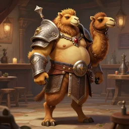 full body photograph of a chubby male anthro camel fursona paladin in a tavern, deep focus, intricate, elegant, highly detailed, digital painting, artstation, concept art, matte, sharp focus, illustration, d & d, fantasy, hearthstone, art by artgerm and greg rutkowski and alphonse mucha