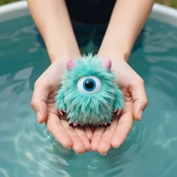 photo of a person cupping hands, holding a furry funny little cute monster in water, 1 5 mm wide - angle lens
