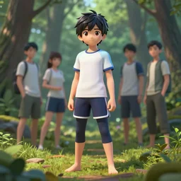 a beautiful fullbody portrait of a cute anime boy wearing sport clothing and leggings under shorts barefoot in a forest. character design by cory loftis, fenghua zhong, ryohei hase, ismail inceoglu and ruan jia. artstation, volumetric light, detailed, photorealistic, fantasy, rendered in octane