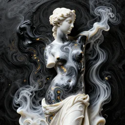 black swirly acrylic 3 d paint fluid simulation, 3 d render liquid sim, female model portrait, boticelli venus, venus de milo, smoke sculpture, intricate fractal patterns, beautiful female body silhouette melting, swirly color mix in white paint, white carved abstract sculpture, black mineral quartz sculpt, neon lights, swirly curls fractal gold, abstract white fluid, golden edges and fractals, artstation, render, cinematic light, art noveau fresco ink, renessaince paint, liquid acrylic painting