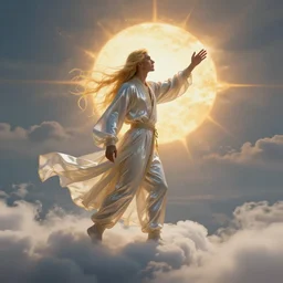 realistic scene of a mysterious man in silky clothes with long golden hair walking on a clouds trying to touch the sun, detailed, 1 4 5 0, delicate, hyper realism, ultra realistic, 8 k