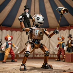 colorized 1 9 1 0 close - up photo of a robotic animal in a steampunk circus. acrobatic stunts inside a circus tent. mechanical ringmaster, mechanized clowns.