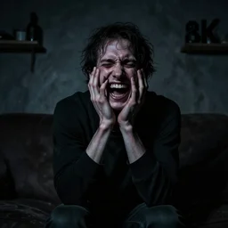 a dark mind in a nightmare is aware of betrayal sadness and despondency of a schizophrenic skin head laughs in a hyper room 8K resolution