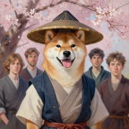 shiba inu as a samurai, under a sakura tree, rice hat, sakiori vest, by greg rutkowski, chris tulloch mccabe and asher duran, ultra realistic, oil painting