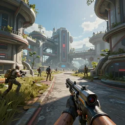 futuristic pubg sequel meets deadspace 5 game first person perspective. screenshot cinematic, future technology, ancient overgrown outpost, unreal engine 5, colorful, contrast, depth of field, 3 d scene, render, greg rutkowski, zabrocki, karlkka, jayison devadas, zdzisław beksinski, trending on artstation, 8 k, ultra wide angle, zenith view, pincushion lens effect
