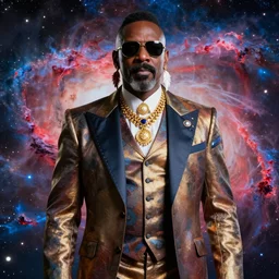 mr. t as president of the galaxy with mohawk and wearing gold jewelry and a fancy retro scifi three - piece suit and feather earrings and sunglasses, patriotic, red and blue nebula background, cinematic lighting, medium shot, color splash, imax