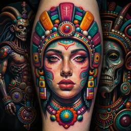 hyper detailed masterpiece beautiful aztec face tattoo girl by donato giancola, darius zawadzki and tom bagshaw, face by artgerm and edmund leighton, and h. r. giger, trending on artstation, warpaint aesthetic, earthwave, colorful, psychedelic, ornate, background by james jean, 8 k, biomechanical horror, majestic, volumetric lighting, smooth porcelain skin, concept art, sharp focus, trending on pixiv