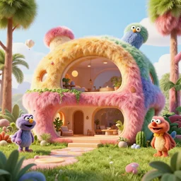 detailed architectural render of a futuristic home furry fuzzy muppets happy shape hairy surreal atmosphere inspired by postmodernism lush fun hyperreal hyperdetailed 3 d samaritual 8 k real engine