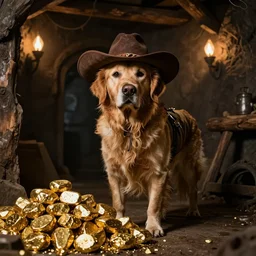 a dirty golden retriever in a dark mine wearing a wild west hat and jacket with large piles of gold nuggets nearby, dim moody lighting, wooden supports, wall torches, stylized photo