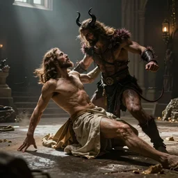 Jesus beating up Satan on the floor, dynamic lighting, photorealistic concept art, trending on art station, stunning visuals, creative, cinematic, ultra detailed