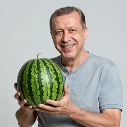 recep tayyip erdogan smiling holding watermelon for a 1 9 9 0 s sitcom tv show, studio photograph