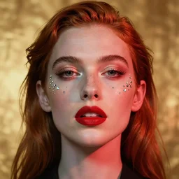 portrait of a woman, close - up, high sharpness, zeiss lens, fashion photo shoot, neon shadows, red hair, red lipstick, against gold, they have rhinestones on their face, ralston crawford, annie leibovitz and steve mccurry, georgia totto o'keeffe,, artistic, hyper - realistic, beautiful face, octane rendering