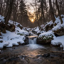 landscape photography by justin minns, a winter stream in the forest, waterfall, flowers, sunset, dramatic lighting, beautiful