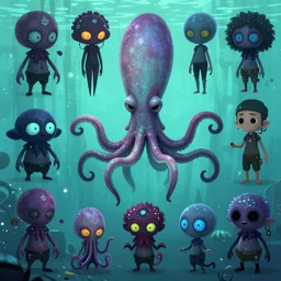 CGI lisa frank gothic punk vampiric ghostly underwater vampiric anthropomorphic squid character designs of various shapes and sizes by genndy tartakovsky and ruby gloom by martin hsu and the creators of fret nice being overseen by Jamie Hewlett from gorillaz and tim shafer from doublefine for a splatoon game by nintendo