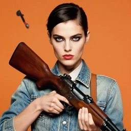 extremely detailed studio closeup portrait of a fashion model holding a rifle. surreal photograph, lo - fi, polished look, solid background, silly and serious, hermes ad, fashion photography, toiletpaper magazine by pierpaolo ferrari and maurizio cattelan, 3 5 mm photograph, colourful, banksy, canon eos c 3 0 0, 8 k, medium - format print