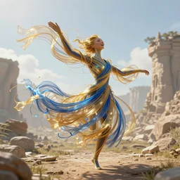 a dancing humanoid has a body made of millions of thin ribbons and threads of translucent gold and blue fabric that are twisting, swirling, unraveling, and pulling apart in the wind of an ancient landscape, a happy, ecstatic fantasy character in a dream world, unreal engine