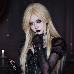 modeling photograph kerli koiv as a cosplayer, blonde, beautiful, dark, mysterious, bubblegoth