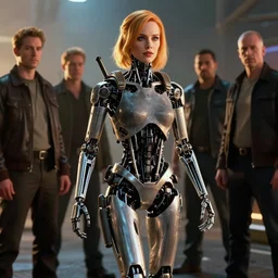 stiff intense robotic gait. christina hendricks as the tx terminatrix in screenshot from terminator 3 : rise of the machines ( 2 0 0 3 ). 8 k. hdr. global illumination. radiant light. lighting by james gurney. characters by norman rockwell, ilya kuvshinov, artgerm, and sakimichan.