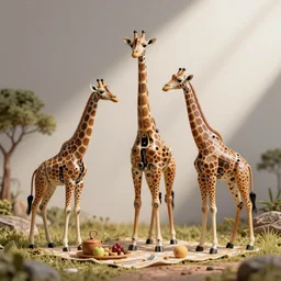 mechanical giraffes, having a picnic, realistic, daylight, 3 5 mm, photo