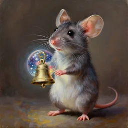 an extremely well painted and super detailed oil painting of a cutest mouse standing on two feet with an intricate round bell infused with magic of the stars in its hands, professional painting by beeple, dynamic lighting, trending on artstation