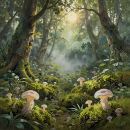stunning breathtaking masterpiece painting in art nouveau concept art style of a lush forest floor with moss made of nudibranch slime molds with a mist receding into the distance as the sun peaks through the branches in the style of Alphonse Mucha and Studio Ghibli, large detailed matte painting, komorebi, french nouveau, faded effect, tranquil and calm, volumetric lighting, unreal render, depth of field