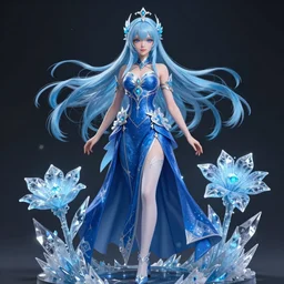 detailed, sharp, full body portrait of a fantasy female mage wearing long blue dress using ice flower trending on artstation, octane render, anime arts, featured on Pixiv, HD, 8K, highly detailed, good lighting, beautiful, epic, masterpiece