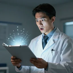 the scientist is holding a folder of documents and looks wonderfully, he is in shock, the folder glows and lights up his face, professional lighting, concept art, detailed art, 2 d digital painting