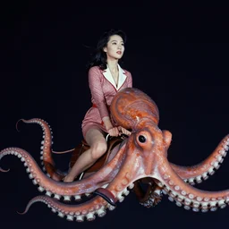 ektachrome, 3 5 mm, highly detailed : incredibly realistic, youthful asian demure riding on a flying octopus through the night sky, perfect features, feminine cut, beautiful three point perspective extreme closeup 3 / 4 portrait photo in style of chiaroscuro style 1 9 8 0 s frontiers in flight suit cosplay vogue fashion edition,