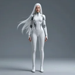 upright and straight women, scifi, futuristic design, full body model, long white hair, character design, cinematic lighting, highly detailed, by beeple, goro fujita, smooth gradient.