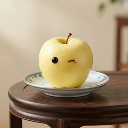 eye level wide angle view ( golden delicious ) apple is on small intricately designed china serving dish. the dish is on top of expensive end table, a cute worm pokes its head out of the apple, superior detail, bokeh, digital art, hq 8 k 4 k, product lighting, studio lighting, digital art.