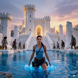 mila kunis as muscled amazon lara croft wading through blue glowing water, bright white castle stones, 2 0 0 mm focal length, epic vista of old ruins, sundown, golden hour firefly wisps, steve hanks, charlie bowater, mark brooks, steve henderson, justin gerard, mark keathley, victor nizovtsev, ross tran, wlop