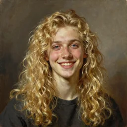 Painting of Machine Gun Kelly with long fluffy curly blond hair. beautiful long golden blonde hair. Young. Smiling. Happy. Cheerful. Art by william adolphe bouguereau. Very very very very very very very very very very very very much detailed. Beautiful. 4K. Award winning.