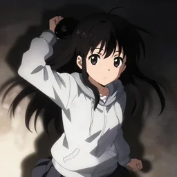 anime visual, portrait of a young black haired girl wearing hoodie in a school, cute face by yoh yoshinari, katsura masakazu, studio lighting, dynamic pose, dynamic perspective, strong silhouette, anime cels, ilya kuvshinov, cel shaded, crisp and sharp, rounded eyes, moody